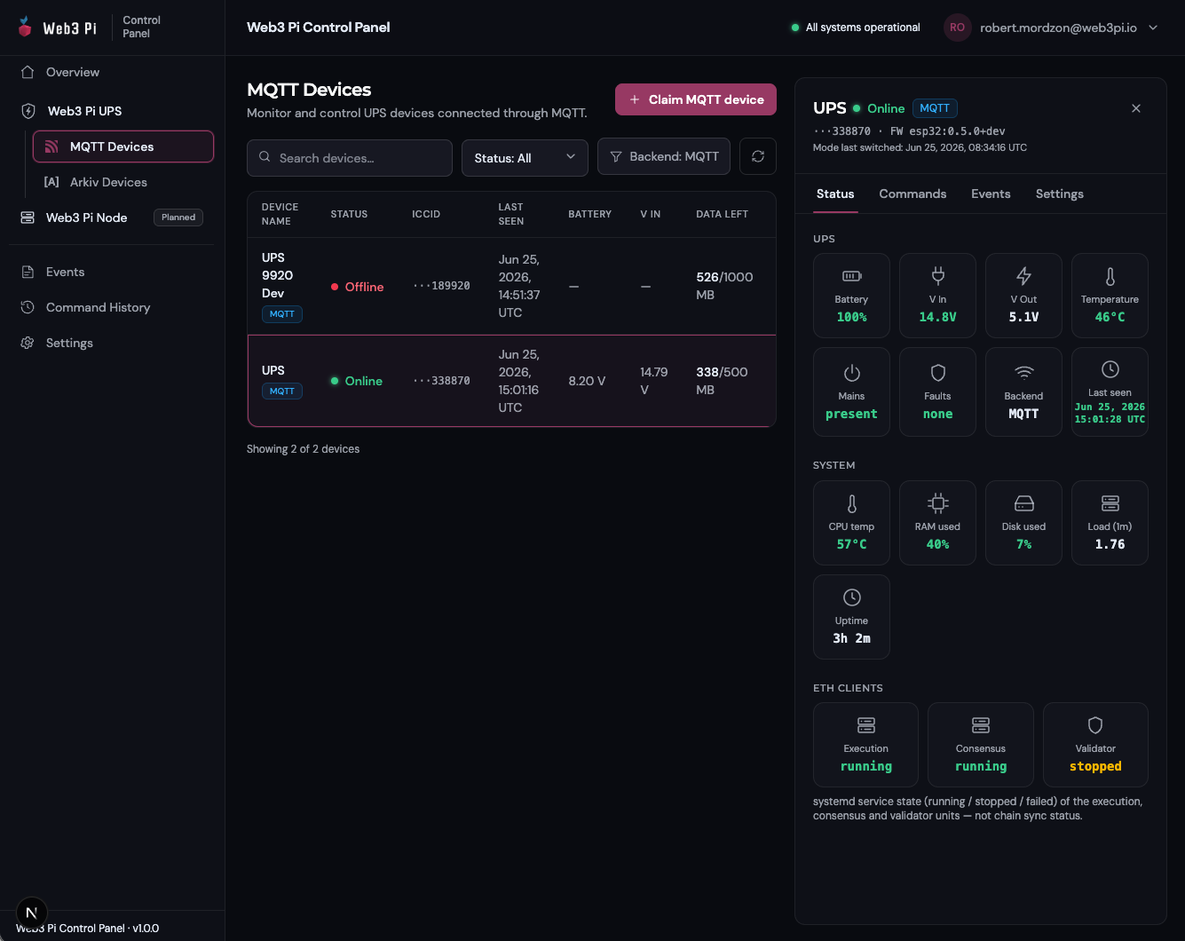 Web3 Pi UPS web panel - live device list with UPS, system, and Ethereum client status